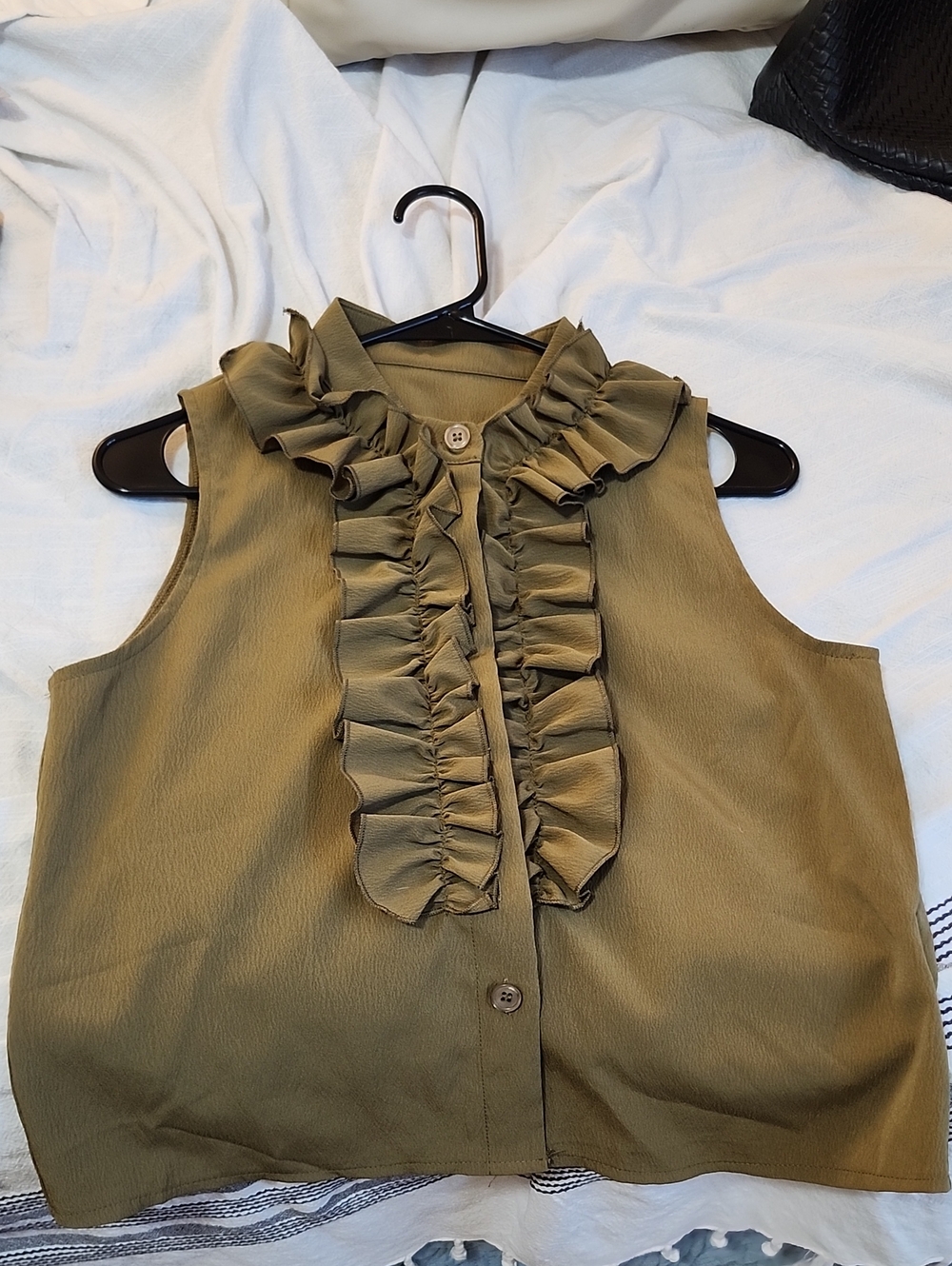 Sleeveless Ruffle Front Blouse in Olive